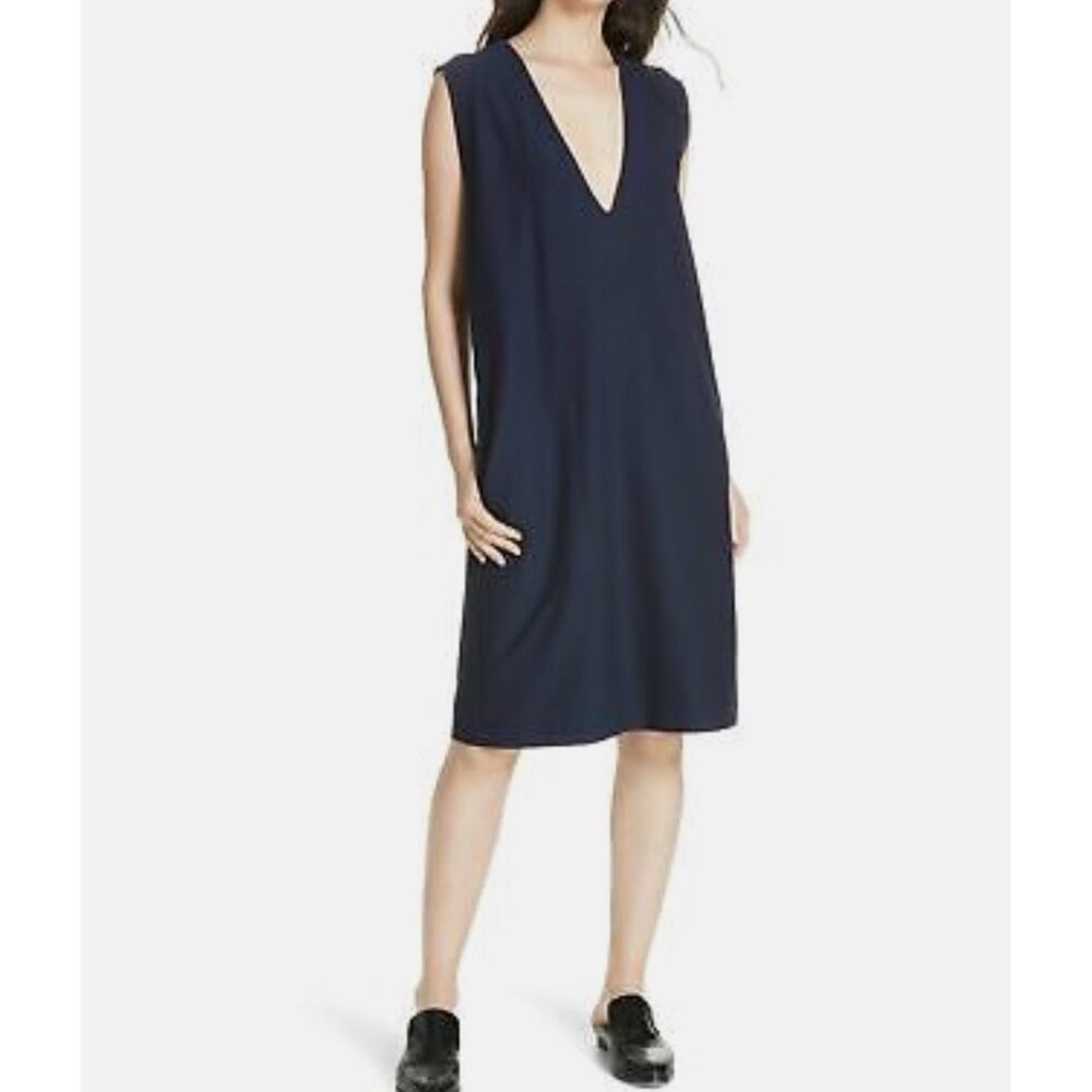 Eileen Fisher shift V Neck Dress M Midnight Blue Stretchy Minimalist Old money